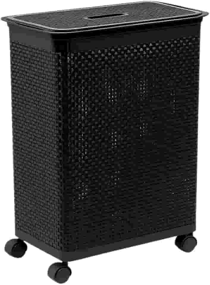 Cesto Roupa, Cesto Rattan 50 Litros Roupeiro com Tampa E Rodízios(Preto)