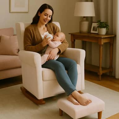 Poltrona Aquila Amamentação Balanço e Puff Baby Bege Claro