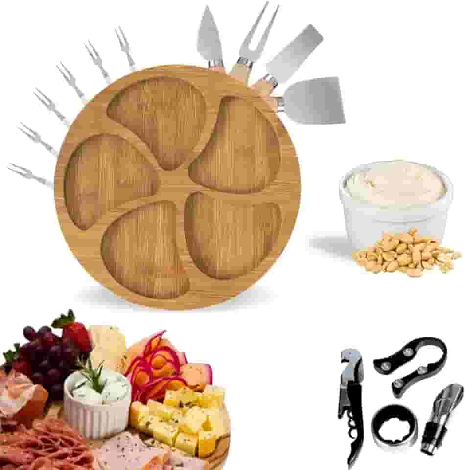 Kit Petisqueira Redonda Madeira + 4 Facas Queijo + 4 Peças Vinho Com Molheira Ramekin e Garfinhos p/Petisco