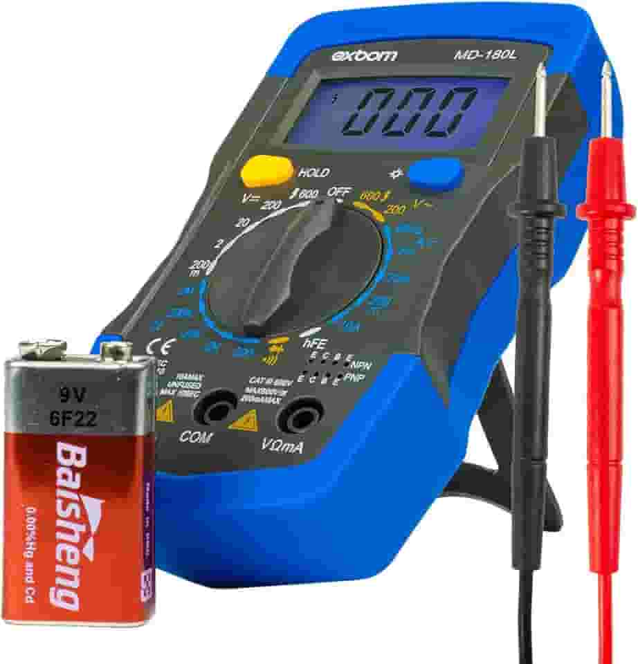 Multímetro Digital Portátil Exbom MD-180L, Display 3 1/2 Iluminado, Teste de Linha Viva, Tensão DC/AC, Corrente DC/AC, Resistência, Transistor, Diodo, Continuidade