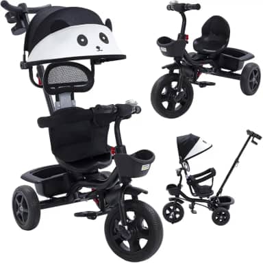 Triciclo Carrinho de Passeio 2 em 1 Infantil Assento Giratório 360° com Capota Solar Porta Objetos até 50kg Haste Empurrador Cestos e Rodas de EVA INMETRO (Preto)