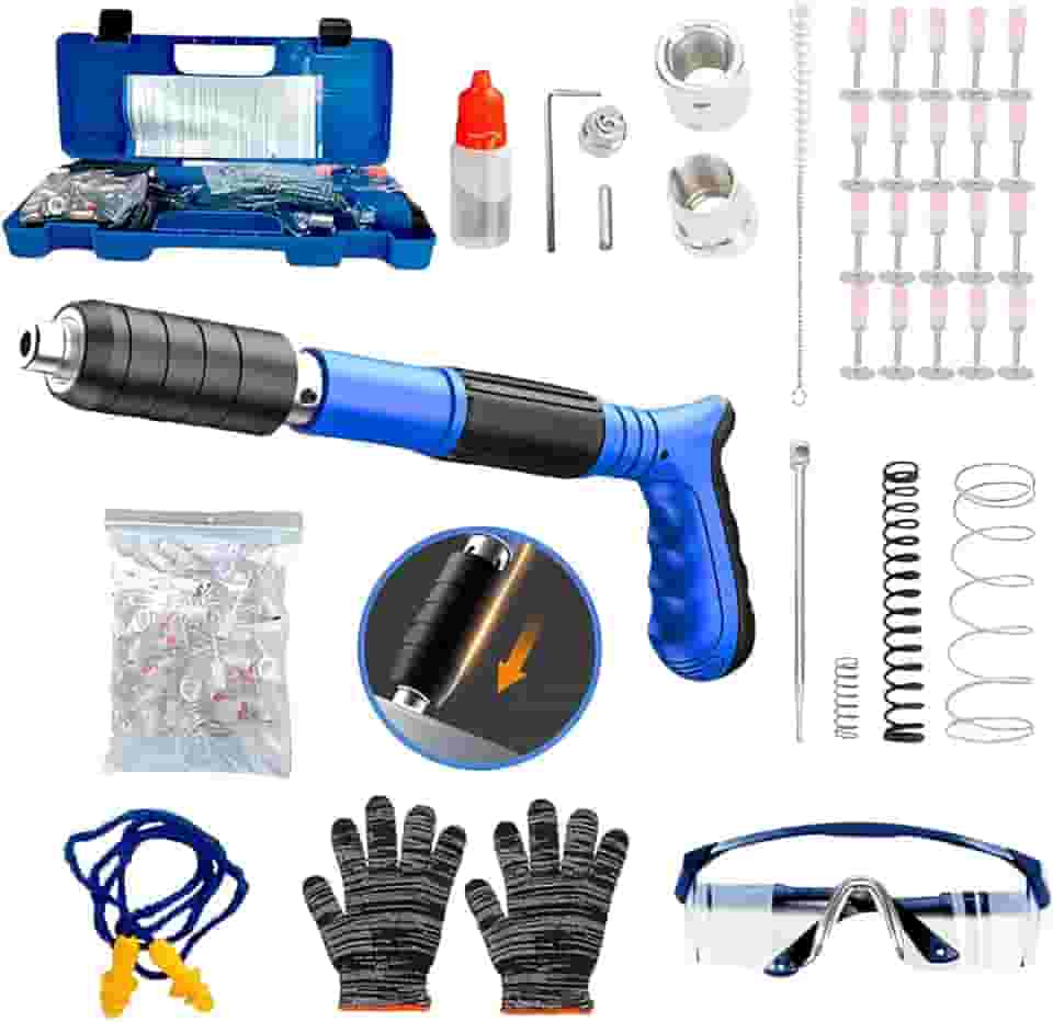 Pistola Finca Pino Manual com Óculos, Luvas, Protetor Auricular, Rebites e Acessórios, Azul