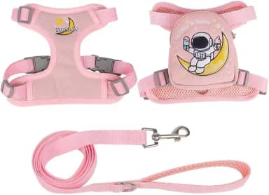 Coleira Peitoral com Guia e Bolsa Removível Para Cachorro Pet Cães Pequenos Médios Gato De Viagem (Rosa, M 50-56CM)