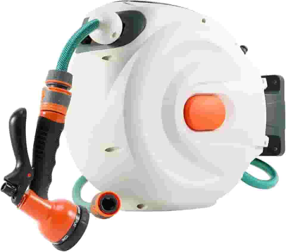 Enrolador de Mangueira, Mangueira de Jardim Retrátil Reel com Suporte de Parede 16 mm × 20 m com Bocal de Mangueira de 8 Padrões, Rebobinamento Automático/Trava de Qualquer com Bola Posicionada