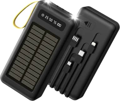Power Bank 20000mah com Lanterna Carregador Portatil Solar com 4 Cabos Integrados 2 Entradas Externo Bateria Portatil com Display de Energia em LED para Camping de Viagens