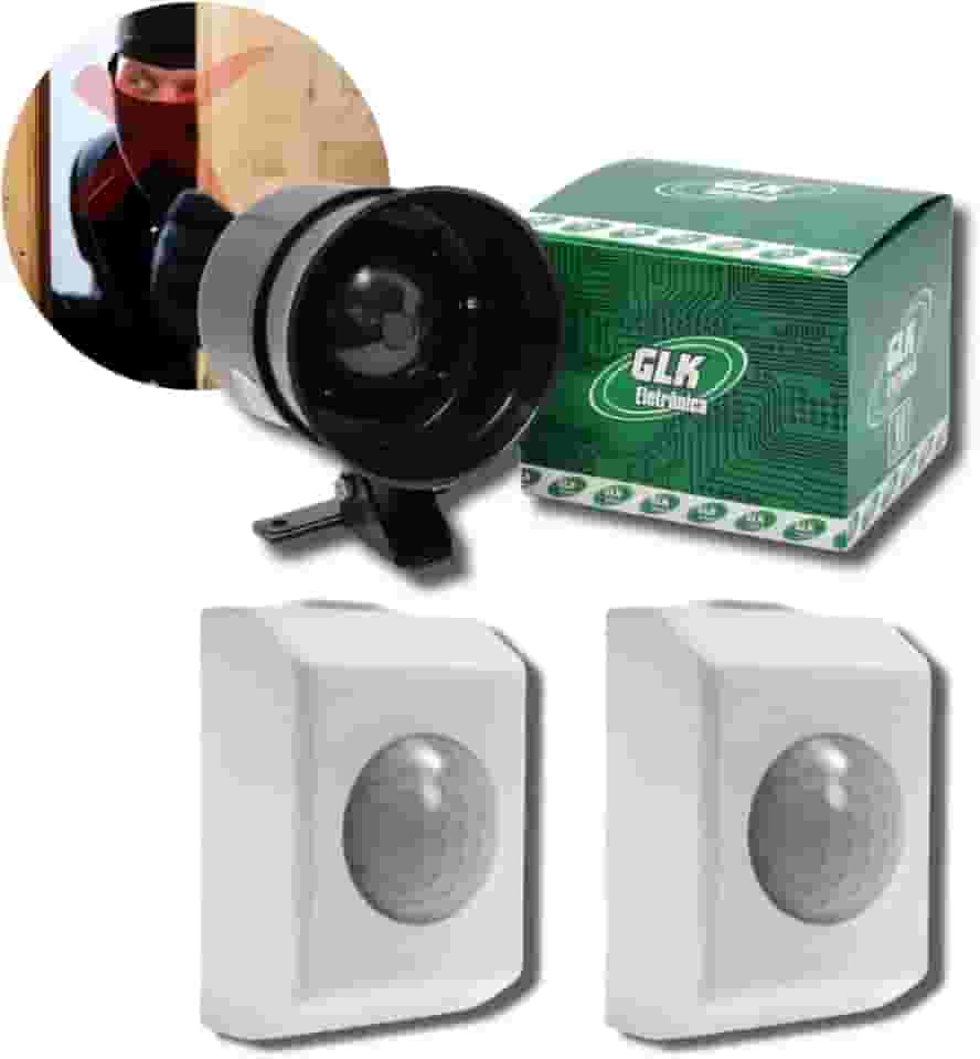 Kit 2 Sensores De Presença Movimento + 1 Sirene Alarme Bivolt Segurança Residencial Com Fotocelula 125dB Cobertura 360º - GKS