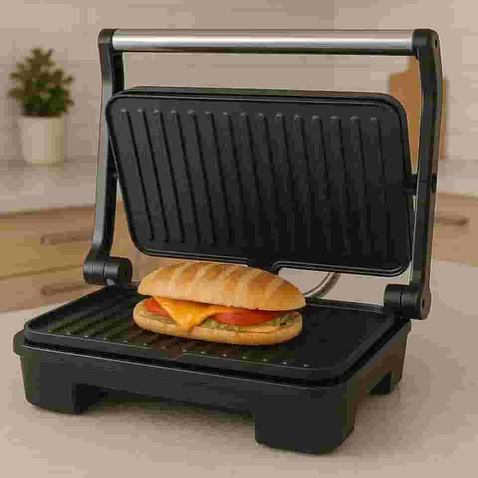 Sanduicheira Elétrica Grill Inox 1000W 127V – Antiaderente, Compacta, Ideal para Sanduíches Crocantes, Grelhados e Lanches Rápidos