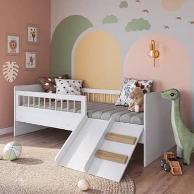 Cama Infantil Montessoriana de Solteiro Menino Menina 193cm com Escada, Escorregador e Grade de Proteção