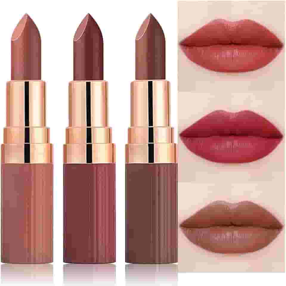 3 batons de cor rosa nude, vermelho brilhante, marrom quente, conjunto de batom creme fosco para mulheres, batons de veludo à prova d'água de longa duração, à prova de manchas, giz de cera, kit de