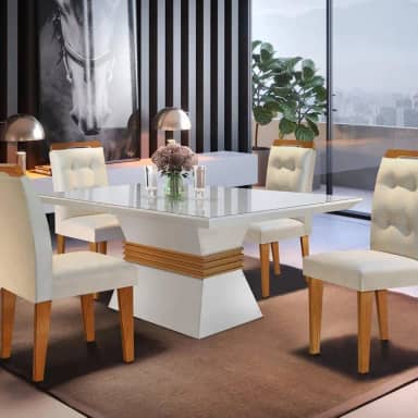 Conjunto Sala de Jantar Mesa Clarice 120x80cm Tampo Vidro/MDF Canto Reto com 4 Cadeiras Valentina Rufato Off White/Imbuia
