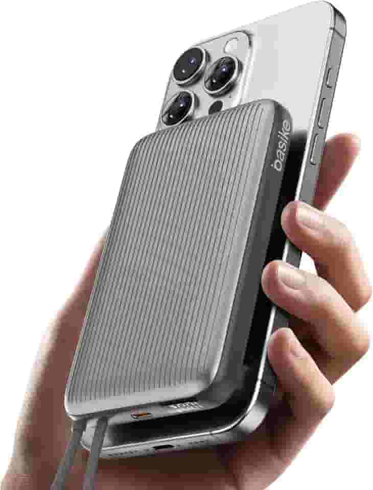 Basike Power Bank 10000mAh, 15W Carregador Portátil Universal por Indução, PD até 22,5W (1 Porta + Cabo Integrado), Compatível com Samsung S25/24/23/22/21, iPhone Séries 16/15/14/13 e MagSafe – Cinza