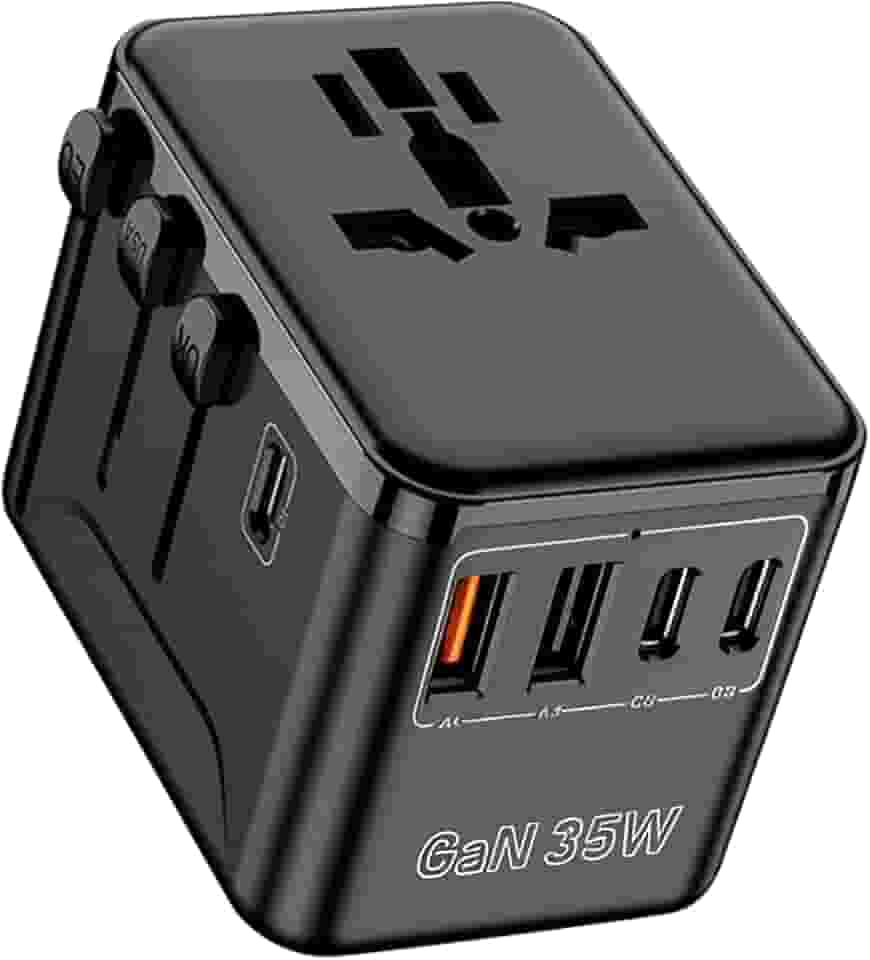 Carregador de Viagem Universal com 3 USB-C + 2 USB-A, Adaptador para 180+ Países, 35W, Preto - Compatível com PD/QC/PPS, 6 Dispositivos Simultâneos
