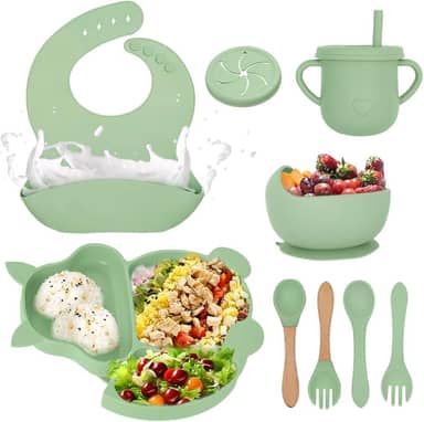 Conjunto de Pratos de Silicone para Bebê 8 Peças, Kit Alimentação Infantil com Ventosa, Divisórias e Babador Cata-Migalhas, Prato Esquilo, Tigela, Talheres e Copo - Seguro (verde-claro)