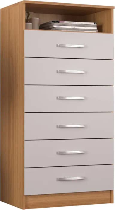 Cômoda 6 Gavetas Com Nicho Aberto Armazenamento Luxo Compacta Multiuso Moderna Decorativa Organizadora Design Quarto (Cinamomo Branco)