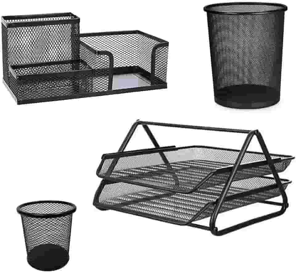 Kit Escritorio Organizador 4 Itens Bandeja Lixeira Porta Lapis Documento Trabalho Empresa Escrivaninha Mesa Home Office Organizaçao
