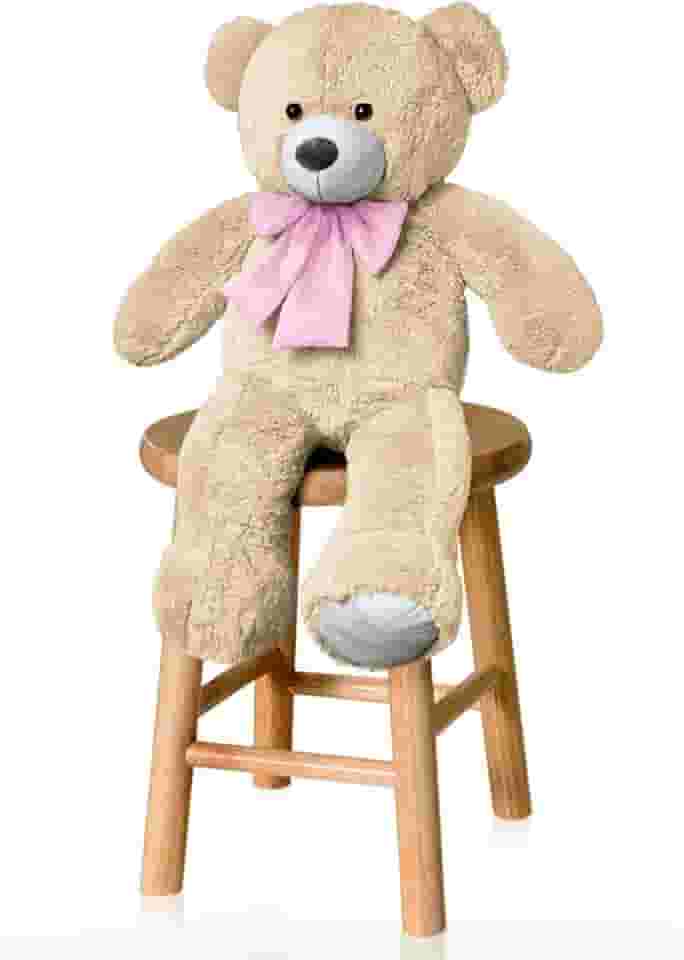 Urso De Pelúcia P 50cm Com Laço - Doce De Leite Com Rosa