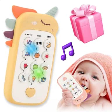 Celular Telefone Infantil De Brinquedo Interativo Música Sons Educativos Luzes Mordedor Sensorial Fase de Dentição Presente Bebê 1 Ano 12 Meses Natal Aniversário Dia Das Crianças (Unicórnio Amarelo)