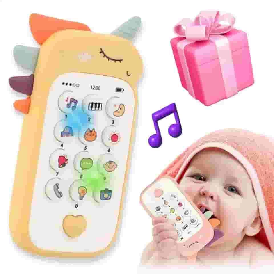 Celular Telefone Infantil De Brinquedo Interativo Música Sons Educativos Luzes Mordedor Sensorial Fase de Dentição Presente Bebê 1 Ano 12 Meses Natal Aniversário Dia Das Crianças (Unicórnio Amarelo)