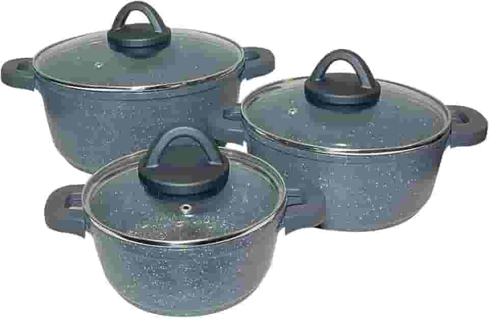 Panela Caçarola De Aluminio E Revestimento Cerâmico Tacho com Tampa em Vidro e Pegador em Silicone (Cinza Granito, Kit 3 | 16, 20 e 24cm)