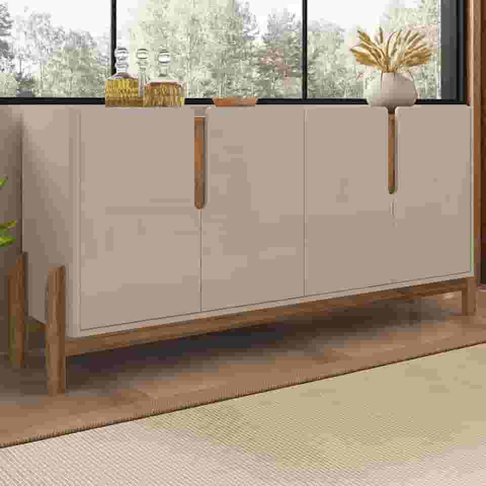 Aparador Buffet Sala Lizz 170cm com Pés de Madeira Maciça Off White/cedro