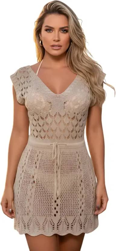 Saida de Praia Crochê Vestido Curta Tricot Rendado Cinturada Manga Curta Elegante Saida de Banho Piscina Canga Verão