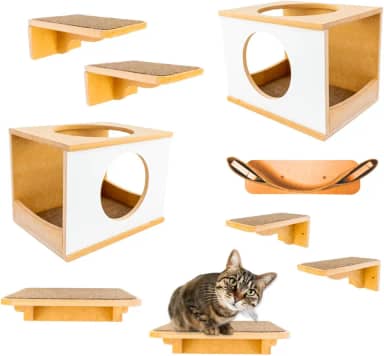 Playground Para Gatos 9Pçs Premium Resistente Já Montado Com Kit Fixação e Rede (PRETO) (Branco)