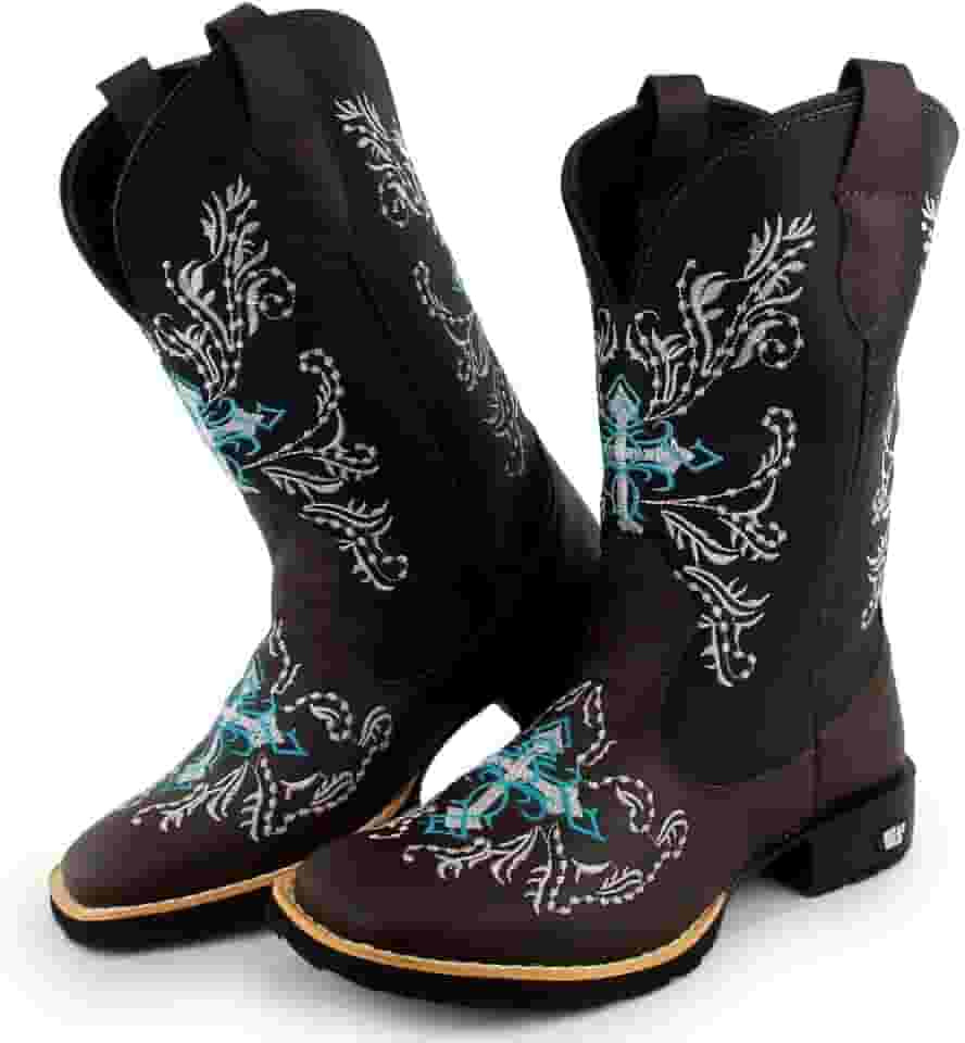 Bota Texana Feminina Couro Country Bico Quadrado Café Azul 10000