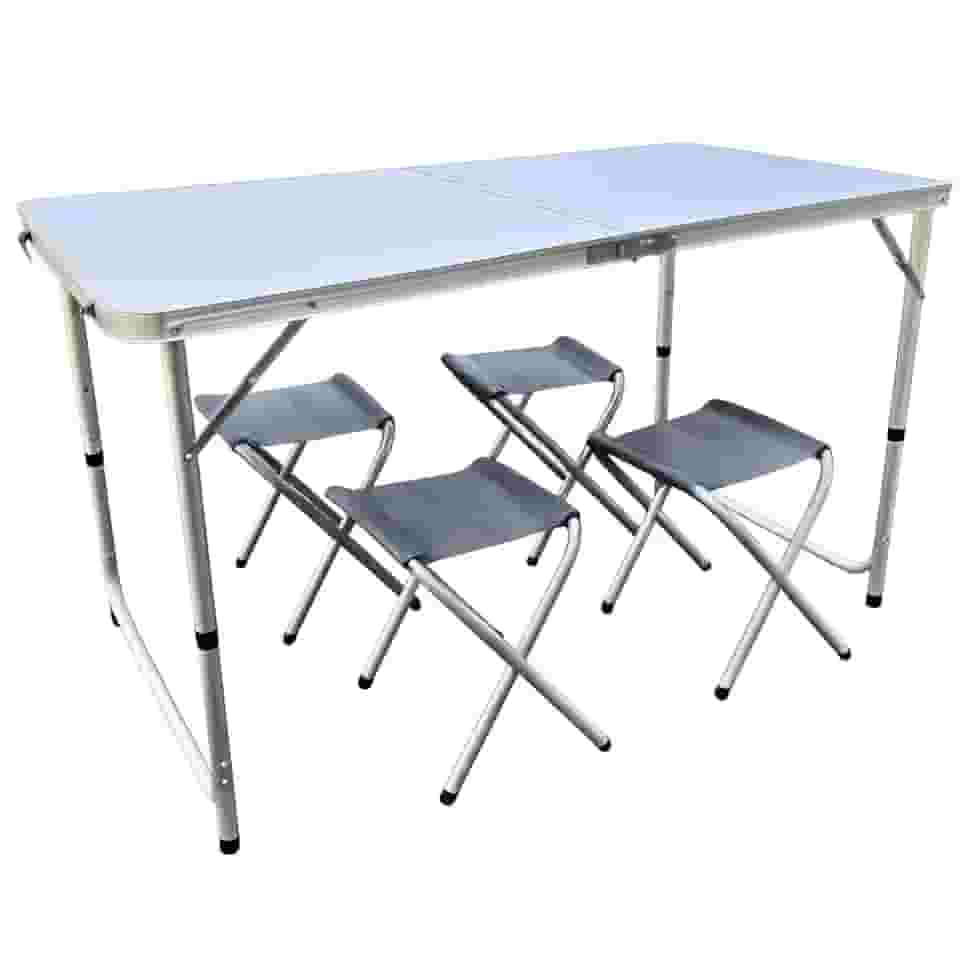 Mesa Dobrável Maleta de Camping com 4 Bancos, 120 x 60 cm, Alumínio, Portátil Mesa Praia para Piquenique e Exterior