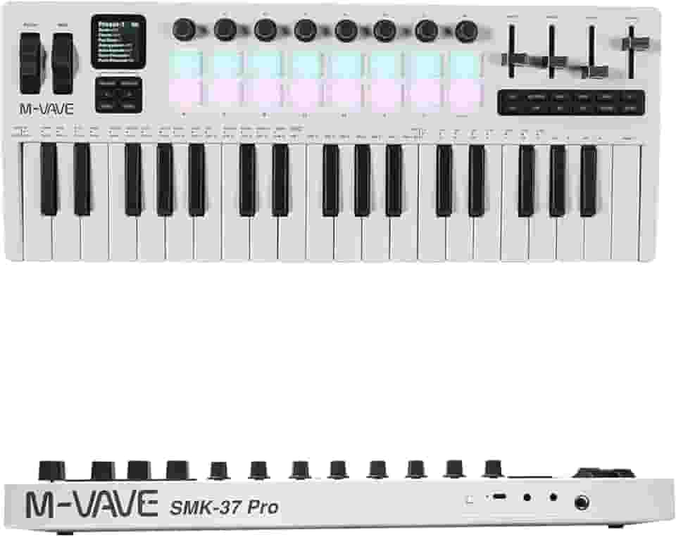 M-VAVE Teclado MIDI SMK-37 PRO com 37 Teclas Sensíveis à Velocidade, Sintetizador FM DX-7 Integrado, Conexão USB/Wireless, Pads RGB, Controle por Aplicativo e Alimentação por Bateria Produção Musical