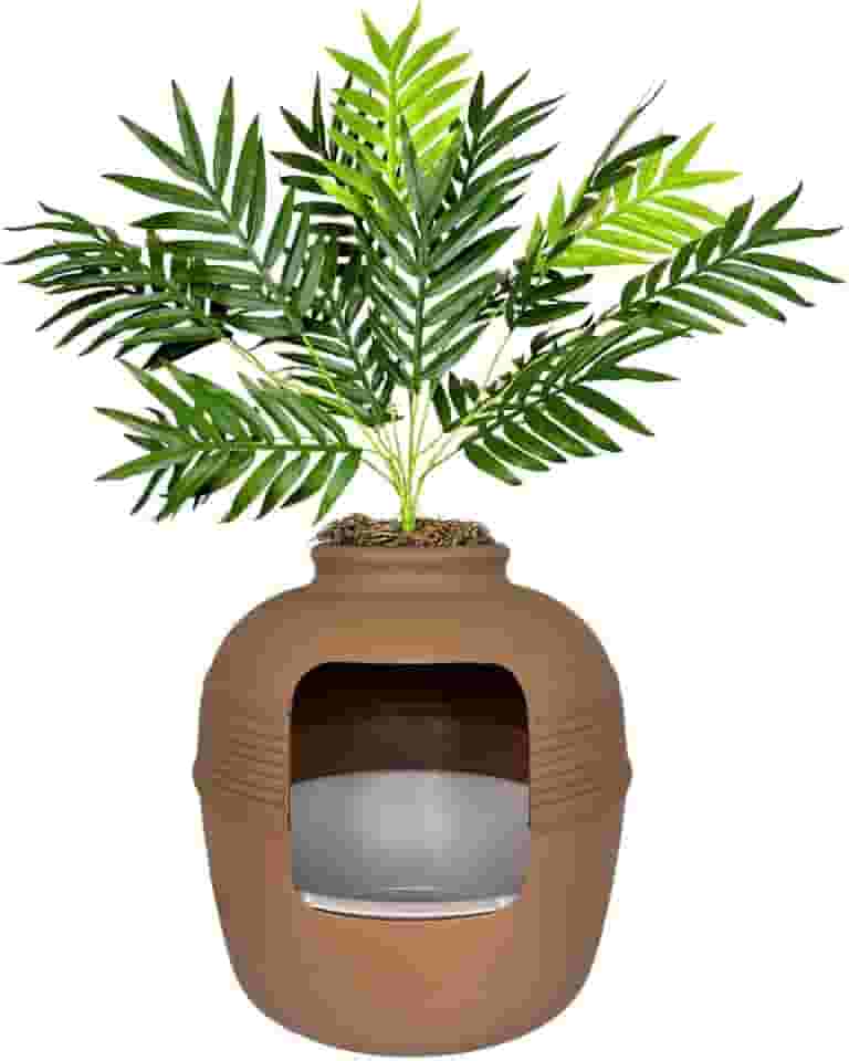 Good Pet Stuff Caixa de areia oculta para gatos com planta artificial, vaso redondo decorativo, bandeja removível, controle de odor de filtro de carvão, fácil de limpar, feito nos EUA, kit essencial,