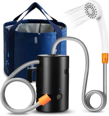 Chuveiro de acampamento portátil, bomba de chuveiro para acampamento ao ar livre com baterias recarregáveis USB – chuveiro de acampamento + balde dobrável para acampamento