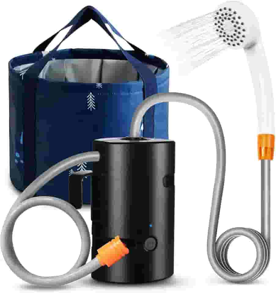 Chuveiro de acampamento portátil, bomba de chuveiro para acampamento ao ar livre com baterias recarregáveis USB – chuveiro de acampamento + balde dobrável para acampamento