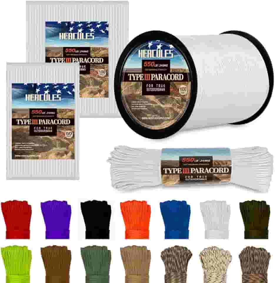 HERCULES Tipo Iii Paracord 550 Paracord Corda De Paraquedas, 50' Paracord Branco Para Paracord De Sobrevivência, Corda De Sobrevivência