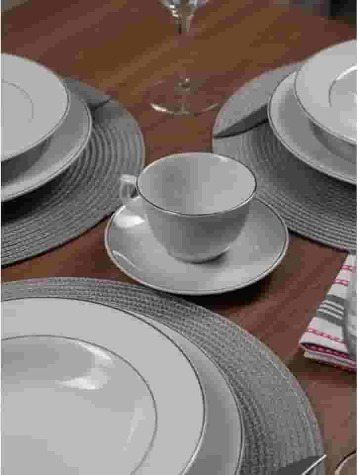 APARELHO DE JANTAR ESTALEIRO EM PORCELANA BRANCA E BORDA PRATEADA - 20 PEÇAS