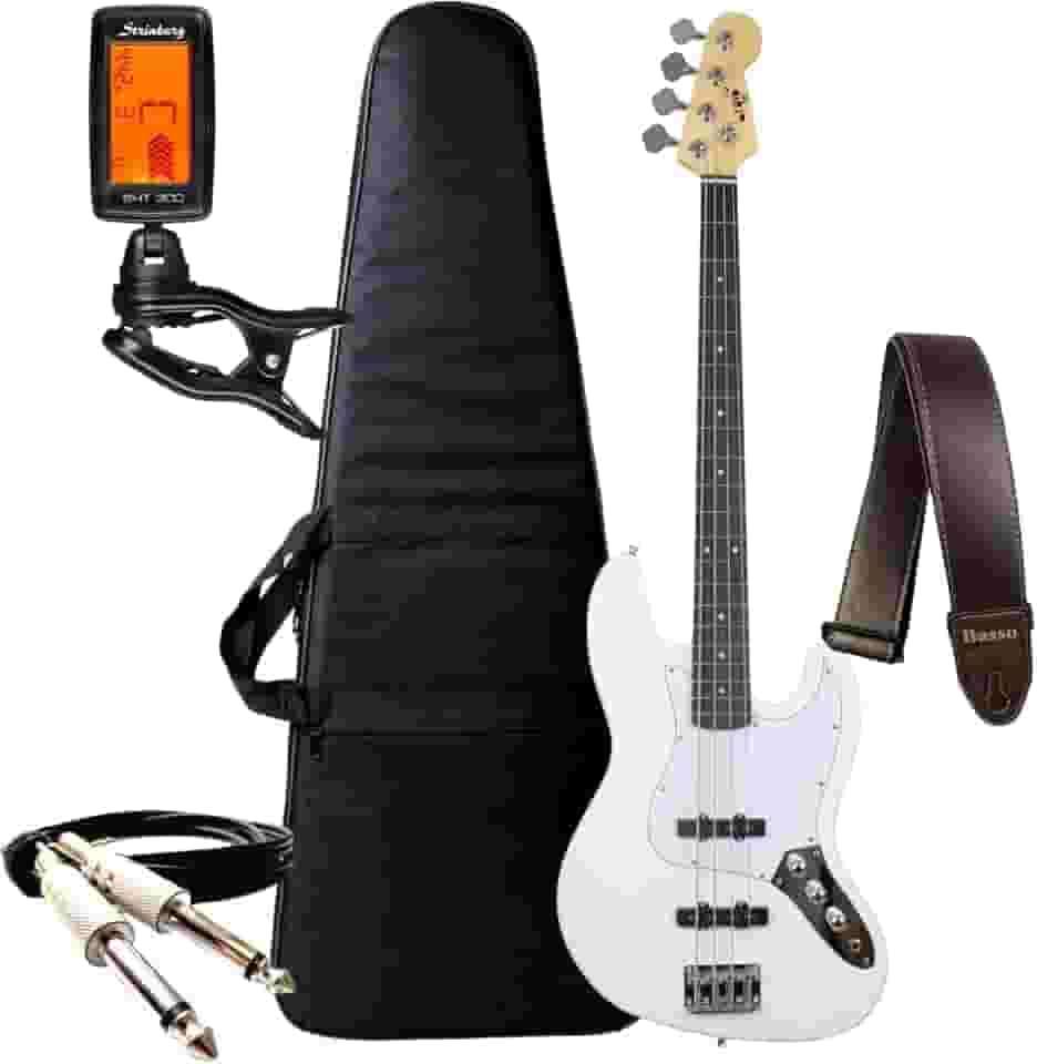 Kit Contra Baixo Bravo 4 Cordas Bb100 Passivo Jazz Bass + Acessórios (White)