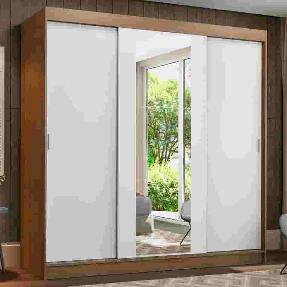 Guarda-Roupa Casal Madesa Reno 3 Portas de Correr com Espelho - Rustic/Branco