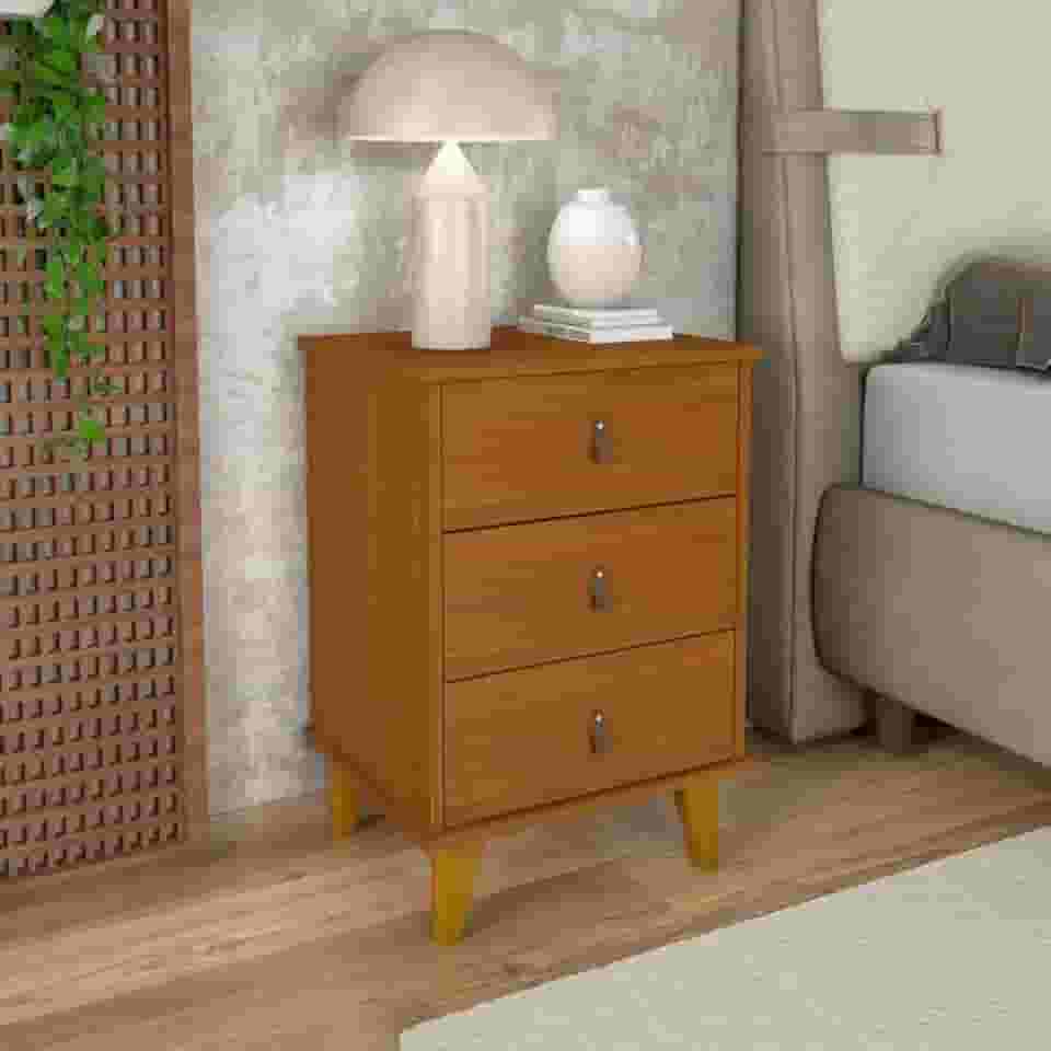 Mesa de Cabeceira Grécia com 3 Gavetas e Puxadores de Couro (Cedro)