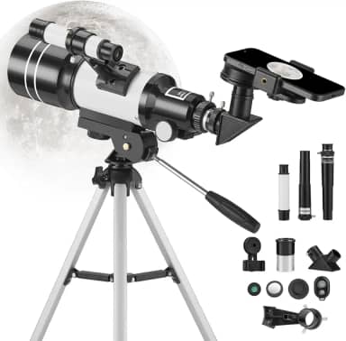 Telescópio para adultos e crianças, refrator com abertura de 70 mm (15X-150X), telescópio portátil para viagem com adaptador para celular e controle remoto sem fio