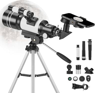 Telescópio para adultos e crianças, refrator com abertura de 70 mm (15X-150X), telescópio portátil para viagem com adaptador para celular e controle remoto sem fio