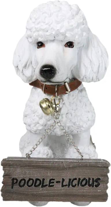 Ebros Estátua realista realista de cachorro poodle francês branco Fifi Welcome Greeter de 29,2 cm de altura com pedigree de raça de cães colecionáveis para decoração de pátio para casa com coleira
