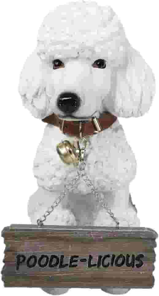 Ebros Estátua realista realista de cachorro poodle francês branco Fifi Welcome Greeter de 29,2 cm de altura com pedigree de raça de cães colecionáveis para decoração de pátio para casa com coleira