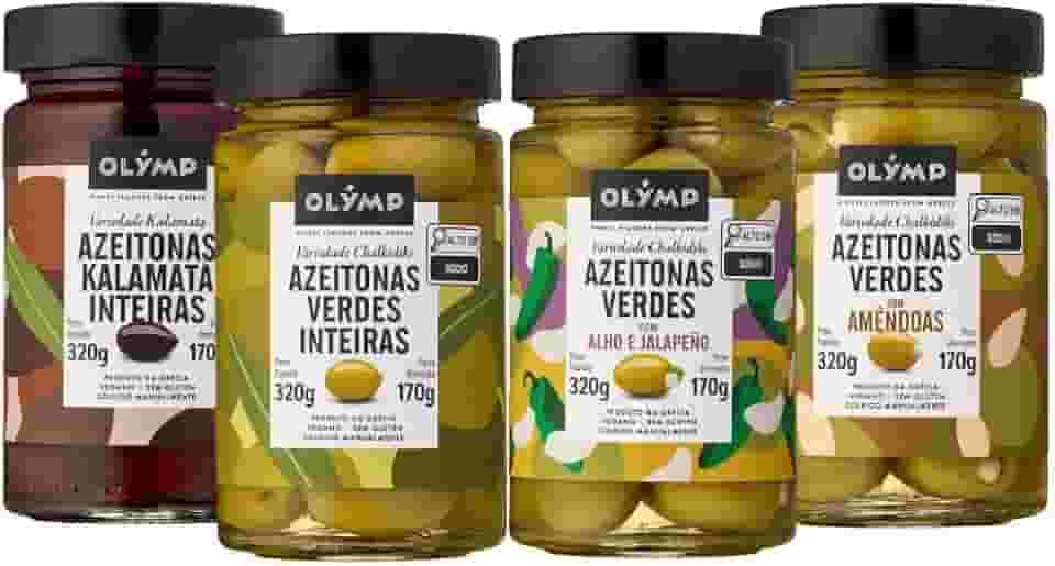 Kit Azeitonas Olymp contendo Kalamata Inteiras | Verdes com Alho e Jalapeño | Verdes com Amêndoas e Verdes Inteiras com Caroço 170g cada – Total 680 Kg
