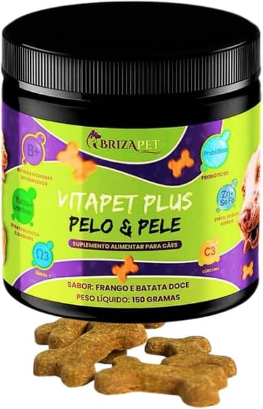 VitaPet Plus Petisco em Vitaminas/Suplemento Multifuncional para cães Anti-coceira + Omega 3 Para Pelo e Pele de Cães com Probióticos + Imunidade 150g Sabor Frango