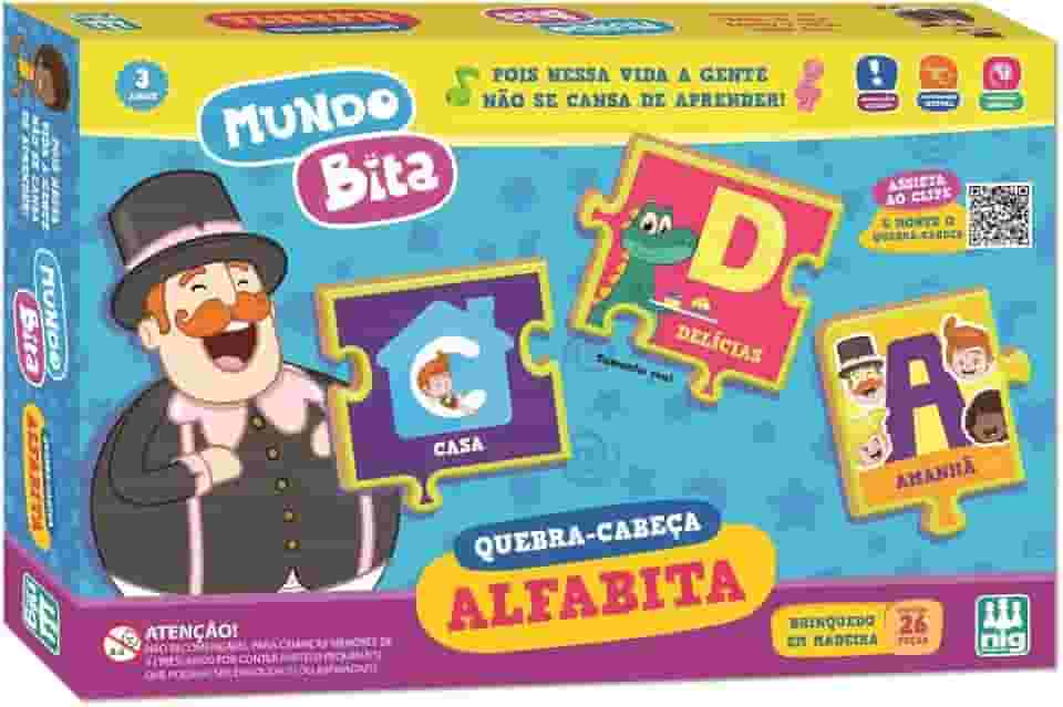 Brinquedo Educativo Alfabita Quebra-cabeça Mundo Bita de Madeira 26 Peças Alfabetização Coordenação Motora - Nig 0696