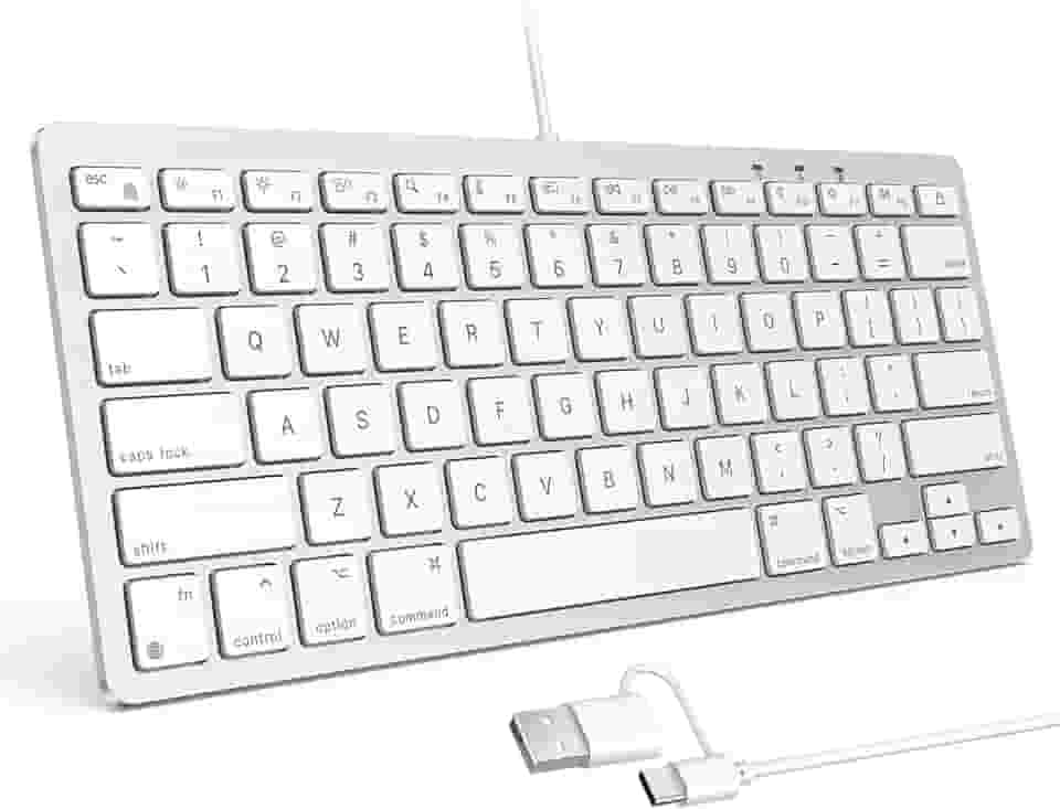 OMOTON Teclado com fio para Mac, USB e tipo C, 78 teclas, ergonômico e portátil - Branco