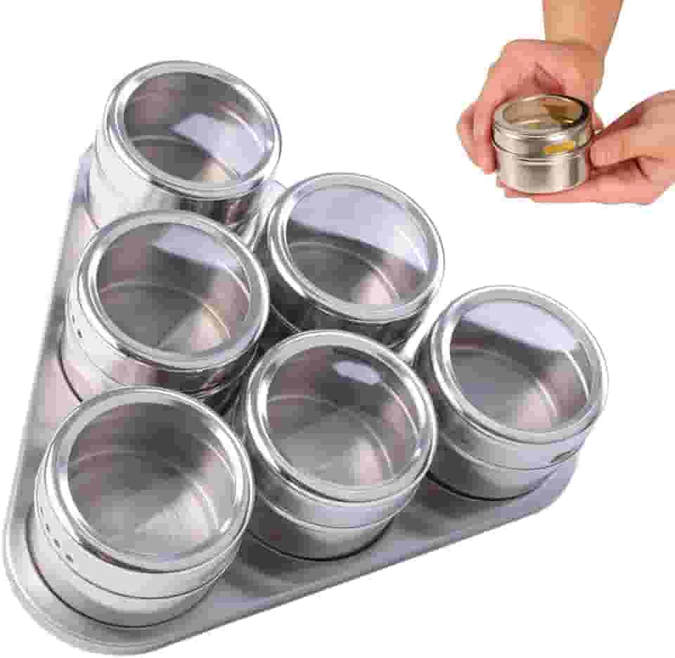 Porta Condimentos Temperos Magnético com 6 Potes e Suporte Inox Triangular– Organizadores de Temperos com Visor, Ideal para Cozinha Moderna