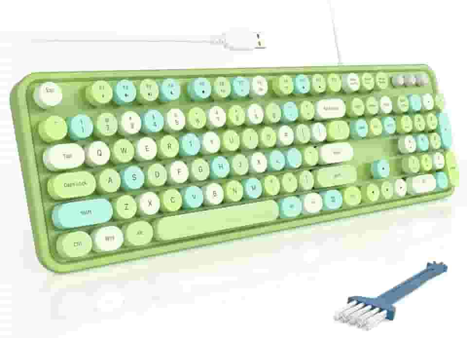 MOFII Teclado com fio, teclado USB de tamanho completo, plug play, teclado de máquina de escrever redondo retrô colorido com suportes dobráveis para Windows PC e laptop (verde colorido)