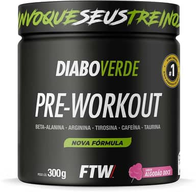 FTW Pré-Treino Diabo Verde em Pó com Cafeína, Aminoácidos Beta‑Alanina e Arginina para Treinos e Atividades Físicas - Pote 300 g (Sabor: Algodão Doce)