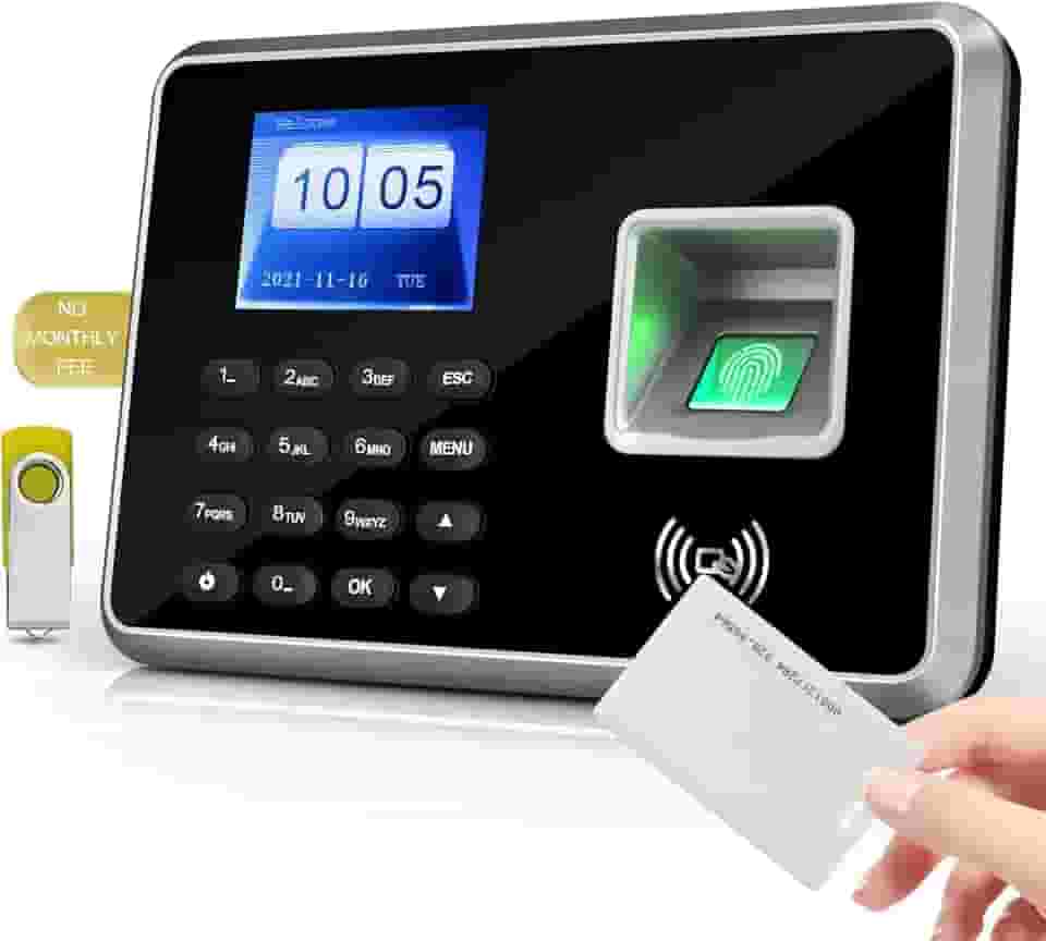 JIAN BOLAND Relógio de ponto A2 para funcionários de pequenas empresas, relógio biométrico RFID e PIN, com 5 emblemas e unidade USB (0 taxas mensais)