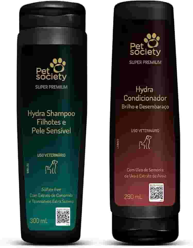 Kit Shampoo Filhotes Pele Sensivel 300ml Condicionador Brilho Desembaraço 290ml Super premium Pet Society Cães e Gatos
